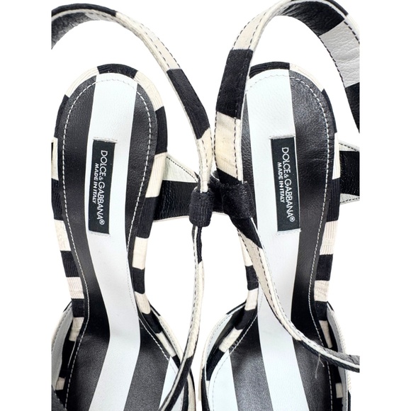 Dolce & Gabbana Peep Toe B/W Striped Brocade Fabric Sandals - Picture 2 of 13